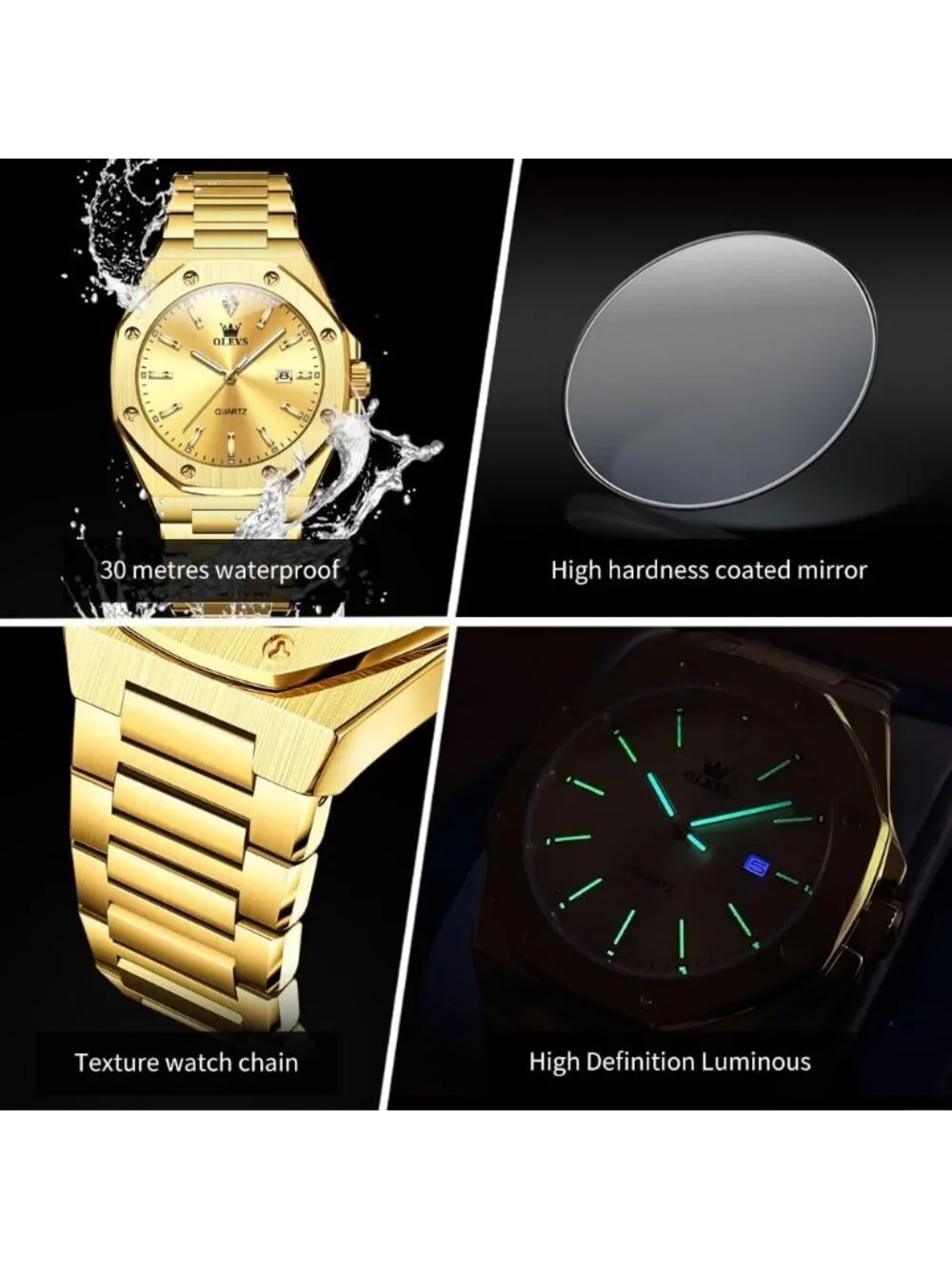 Men's Gold Luxury Stainless Steel Octagon Classic Analog Quartz Waterproof Watch